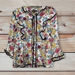 Ups&Downs-Unique Button Down Floral Ruffle 3/4 Sleeves Top Blouse Size Medium